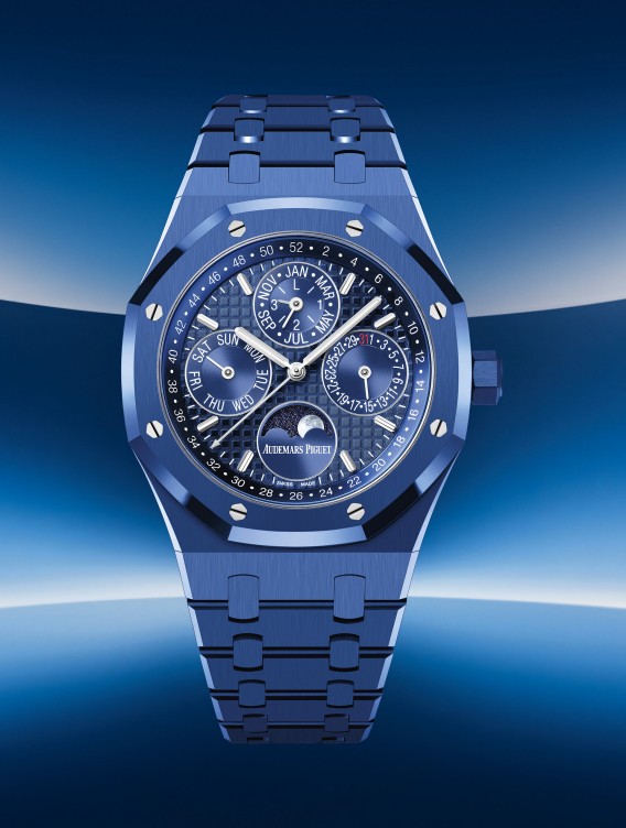 Audemars Piguet Perpetual Calendar with link bracelet on blue background