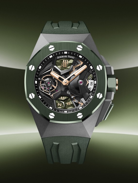 Audemars Piguet Royal Oak offshore openworked with rubber strap on green background