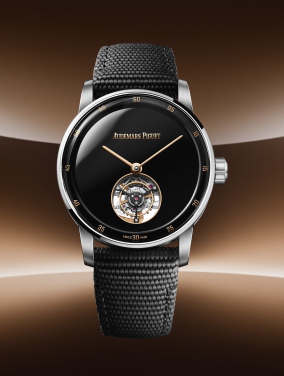 Audemars Piguet Tourbillon black dial with nylon strap on brown background